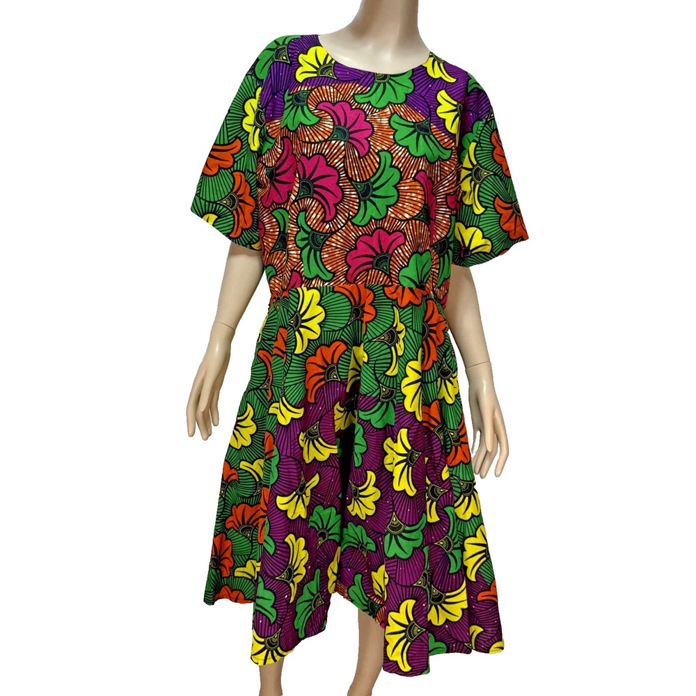 Mae Otti African Floral Midi Dress Size XXXL 3XL Short Sleeve A-Line Pockets New